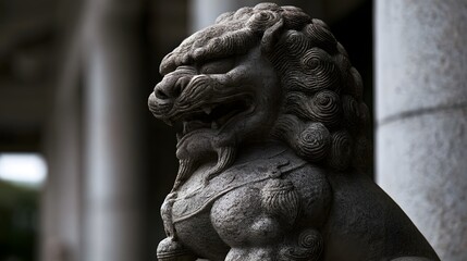Obraz premium Close up of a traditional stone guardian lion statue with detailed carved mane and fierce expression positioned beside a column in an architectural