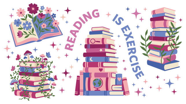 Reading is exercise motivational typographic quote with books and flowers on background.