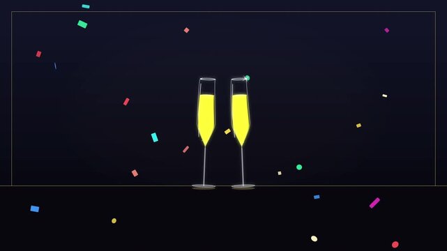 Champagne glasses animation celebrating with confetti in dark loop