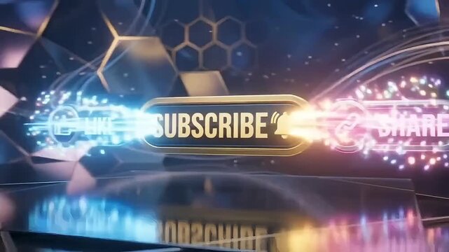 Subscribe button video animation with like and share elements in a shiny futuristic digital technology motion graphics background