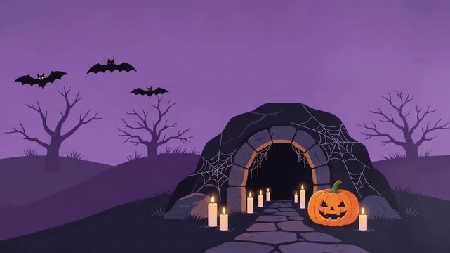 Haunted Cave Entrance Path decorated with Pumpkins and Candles, Spooky Halloween Scene