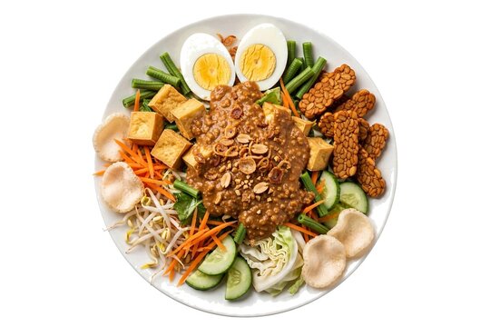  Indonesian gado gado vegetable salad peanut souce tofu,tempeh,boiled egg,white background
