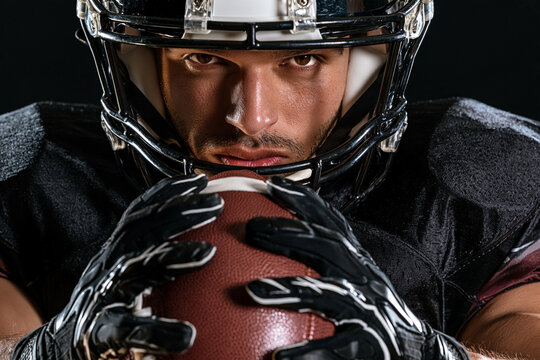 Athlete grips football, eyes focused, helmet gleaming. Dark jersey contrasts with bright lighting, highlighting intensity. Gloves secure ball, showing readiness for action