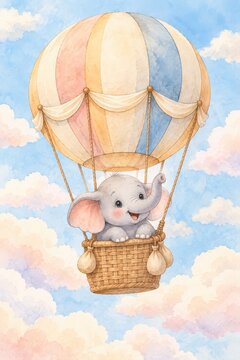 Cute Watercolor Baby Elephant Hot Air Balloon Nursery Clipart Illustration