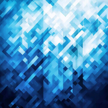 Abstract blue and white geometric pattern with overlapping, faceted shapes creating a dynamic, tech-inspired, crystalline background