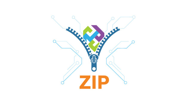 Creative file compression concept illustration showing a zipper opening digital network data on white.