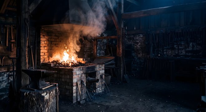 Wide photograph of a traditional blacksmith forge burning in a dark workshop, a bed of glowing orange and white hot charcoal filling the brick forge hearth.