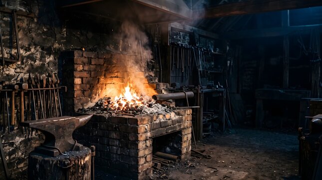 Wide photograph of a traditional blacksmith forge burning in a dark workshop, a bed of glowing orange and white hot charcoal filling the brick forge hearth.
