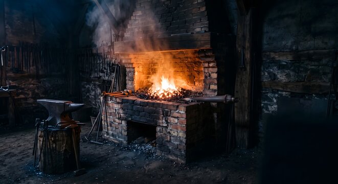 Wide photograph of a traditional blacksmith forge burning in a dark workshop, a bed of glowing orange and white hot charcoal filling the brick forge hearth.