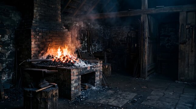 Wide photograph of a traditional blacksmith forge burning in a dark workshop, a bed of glowing orange and white hot charcoal filling the brick forge hearth.