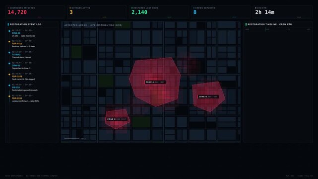 Interactive power outage management dashboard displaying affected areas, restoration progress, and customer impact with animated visual elements in a dark premium design.