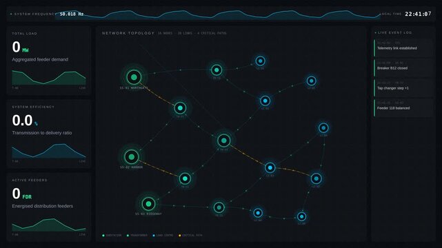 Smart grid operations dashboard showcasing animated network topology, live distribution metrics, and KPI tiles with a modern dark design and glowing visual elements.