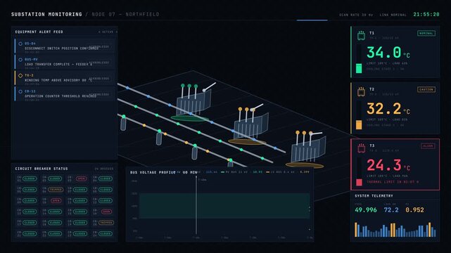 A detailed 3D substation monitoring dashboard displaying transformer temperatures, voltage profiles, and equipment alerts with color-coded indicators and animated elements.
