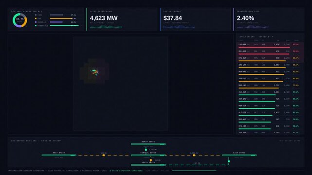 Explore a detailed transmission network dashboard showcasing line capacity, congestion, and regional power flows with vibrant animations and a sleek dark design.