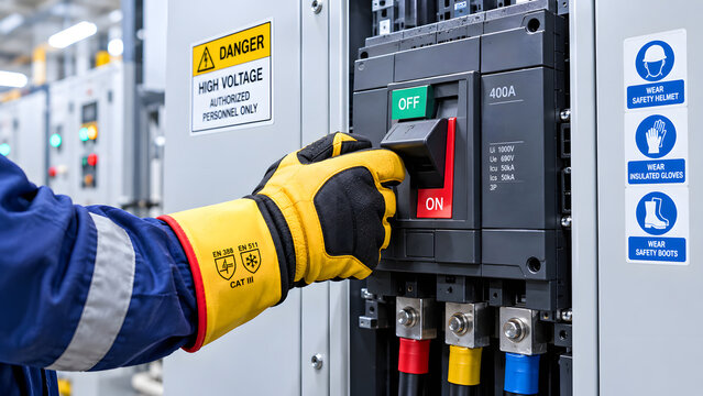 Electrician switching main circuit breaker switch on high voltage electrical panel.