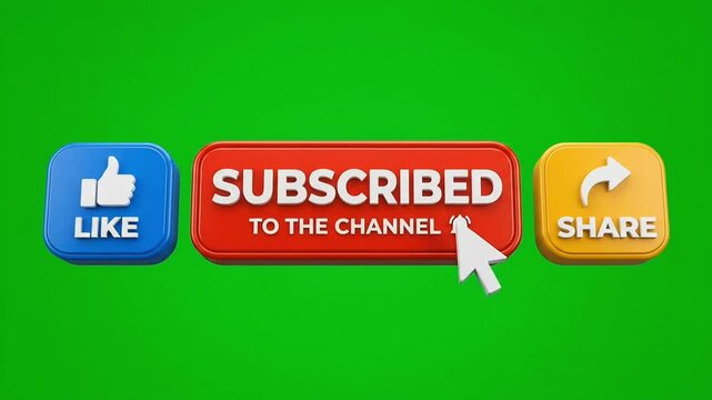 Subscribe button animation with mouse cursor clicking like share and bell icon on green screen video footage