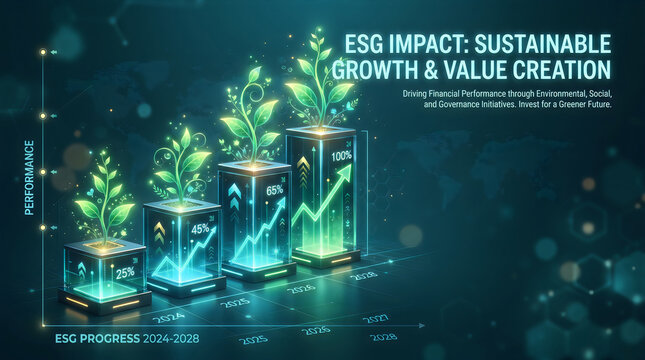 Abstract ESG presentation background with glowing green plant sprouts growing inside transparent glass cylinder pillars