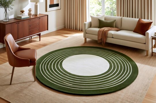 Modern living room interior featuring round green rug