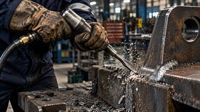 Welder cleaning weld slag from heavy steel structure using pneumatic chipping hammer.