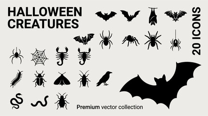 Fototapeta premium Halloween creatures vector collection featuring bats, spiders, ghosts, and monsters for spooky greeting cards, social