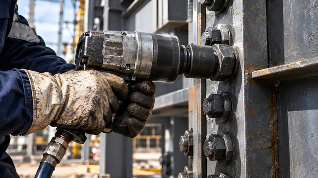 Worker tightening large bolt on steel structure using pneumatic impact wrench.