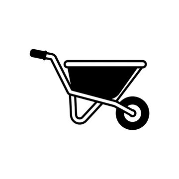 Black vector icon of a wheelbarrow for construction and gardening
