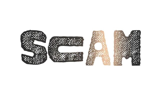 Scam typography text animation with flickering gold glitter texture isolated on white background