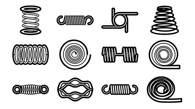 Metal coil spring line icon set showcasing helical compression springs, flexible tension coils and mechanical wave spirals, concept for industrial manufacturing and engineering design