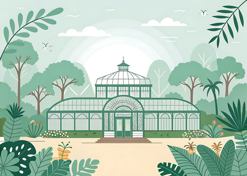 Lalbagh Botanical Garden  modern minimal vector illustration of Lalbagh Glass House surrounded by lush tropical gardens