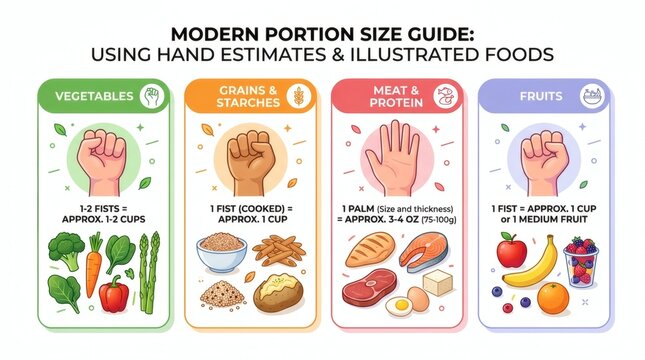 Modern portion size guide infographic using hand estimates and food icons