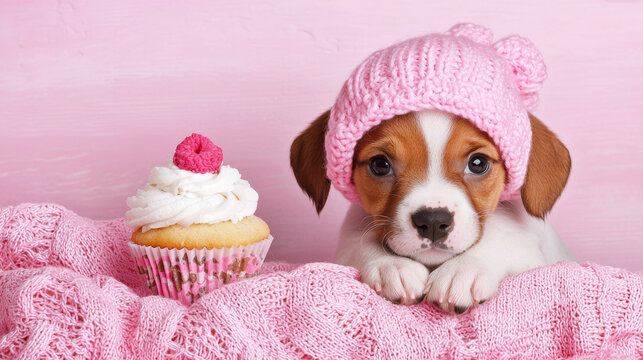 Adorable puppy in a pink hat peeking from a pink blanket, next to a cupcake with a red raspberry