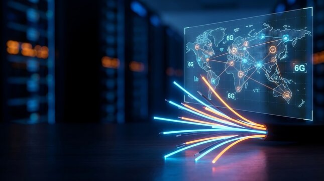 Fiber optic cables projecting a 6G global network map in a server room