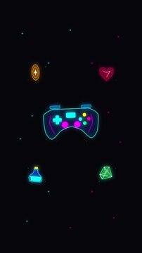 Pixel gamepad animation with neon glow, retro gaming loop, dark mood