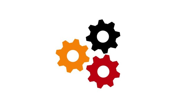 Three white animated rotating gear cogs connected together on a solid black background.Ideal for technical process animations, system settings icons, workflow operations,