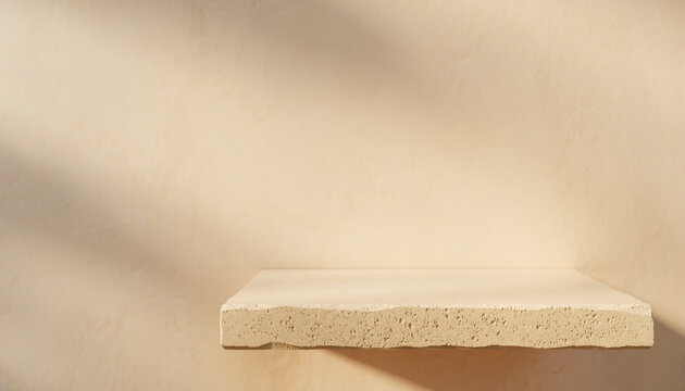 Beige limestone display ledge with warm light and copy space