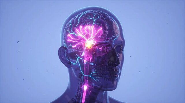 Glowing neural network pulsing electrical signals inside human brain