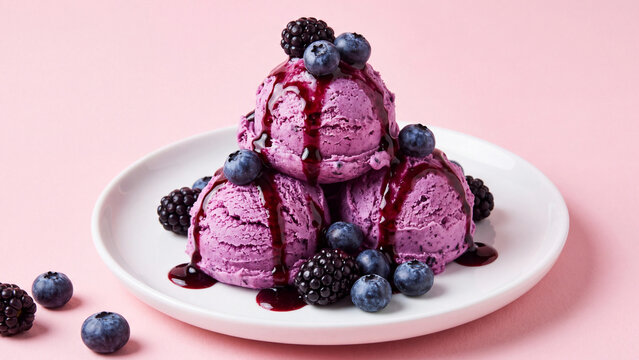 Delicious berry ice cream scoops topped with fresh blueberries and blackberries dripping in sweet purple syrup