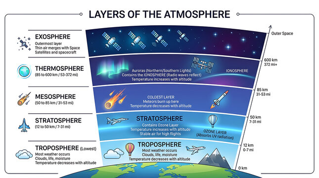 Educational Layers of the Atmosphere Diagram, Science Infographic Chart, Atmospheric Structure Illustration