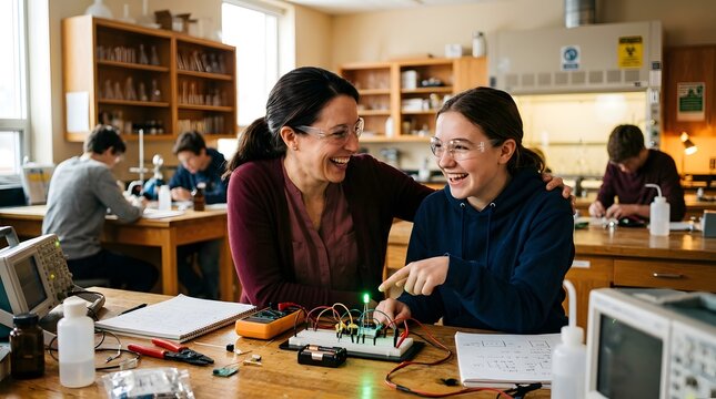 Happy female teacher and teen student working on an electronics science project in a school laboratory, laughing while testing a circuit with a green LED light during a STEM education class.