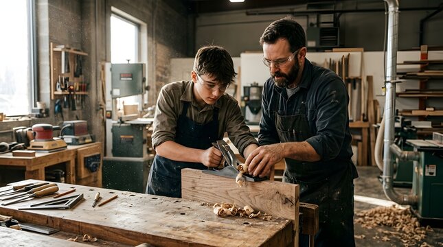 Professional carpentry teacher mentoring a young apprentice student on how to use a manual hand plane for smoothing a wooden board in a well-equipped vocational woodworking workshop.