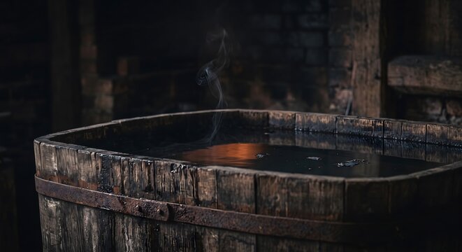 Close-up photograph of an old wooden quench tank in a blacksmith workshop shortly after use, the dark water surface calm again with only a thin wisp of steam still rising and curling in the cool air.