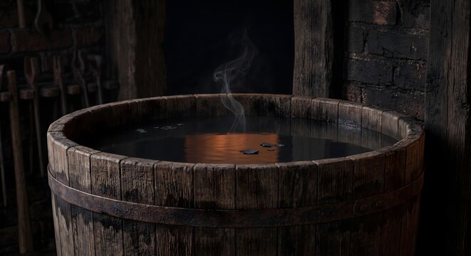Close-up photograph of an old wooden quench tank in a blacksmith workshop shortly after use, the dark water surface calm again with only a thin wisp of steam still rising and curling in the cool air.