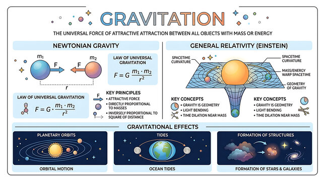 Gravitation physics educational infographic poster, Newtonian gravity and general relativity science chart, spacetime curvature diagram for classrooms