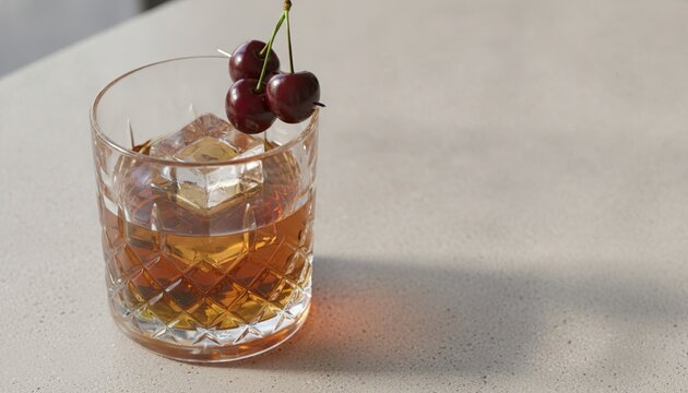 Amber cocktail in cut glass tumbler with ice cubes and cherries on a sunlit stone surface, elegant beverage still life with soft shadows and warm reflections