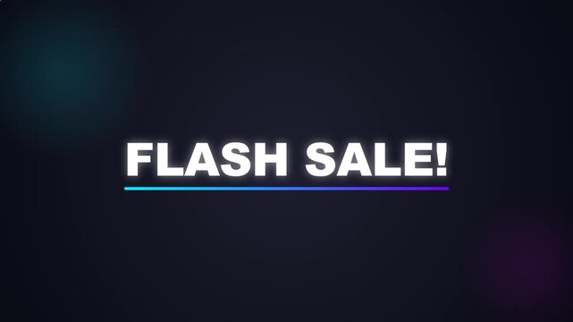 Bold white text saying FLASH SALE with a glowing neon underline on a dark atmospheric bokeh background. Perfect for e-commerce promotions and social media retail marketing.