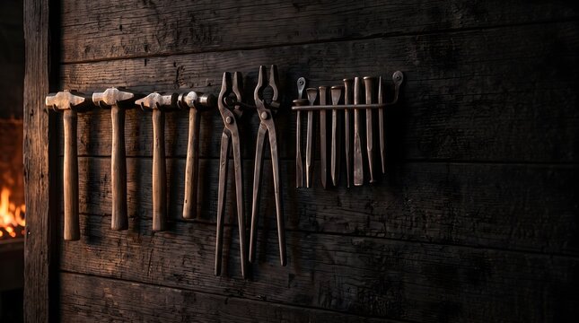 A row of blacksmith hand tools hanging in neat order on a soot blackened timber wall, including several hammers of graduated sizes, three pairs of iron tongs and a set of punches.