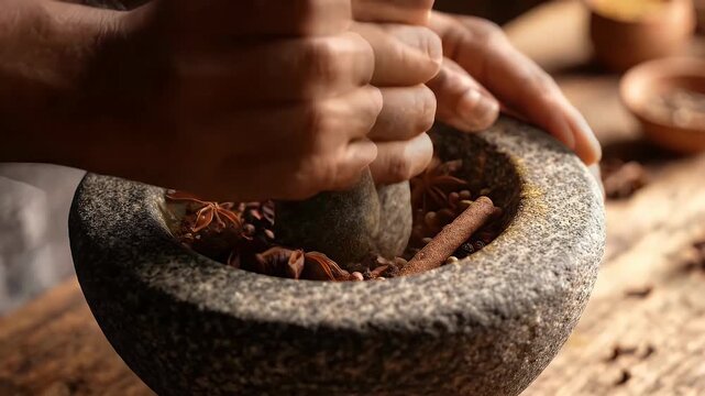 Person grinding whole spices in a mortar and pestle
