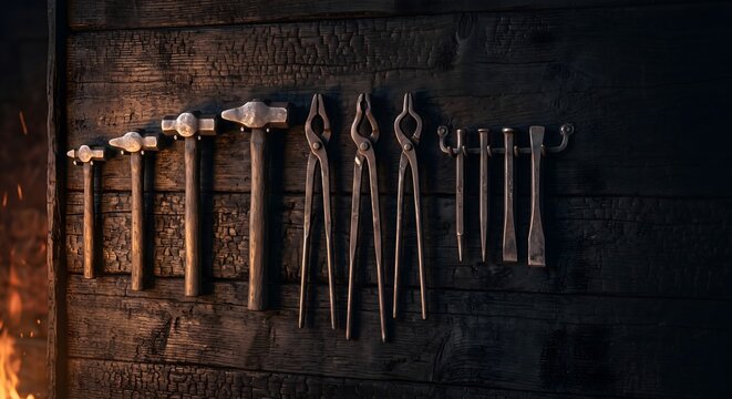 A row of blacksmith hand tools hanging in neat order on a soot blackened timber wall, including several hammers of graduated sizes, three pairs of iron tongs and a set of punches.