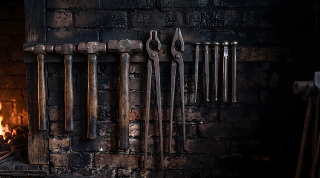 A row of blacksmith hand tools hanging in neat order on a soot blackened timber wall, including several hammers of graduated sizes, three pairs of iron tongs and a set of punches.