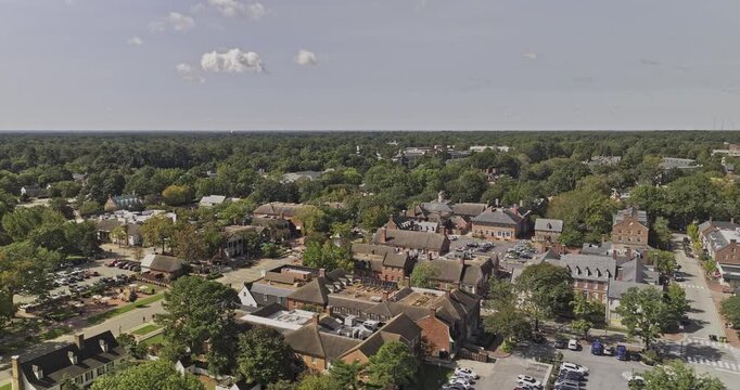Williamsburg Virginia Aerial v1 low flyover above residential neighborhoods, the town center and university college campus - Shot with 5k Camera - Sept 30th 2023